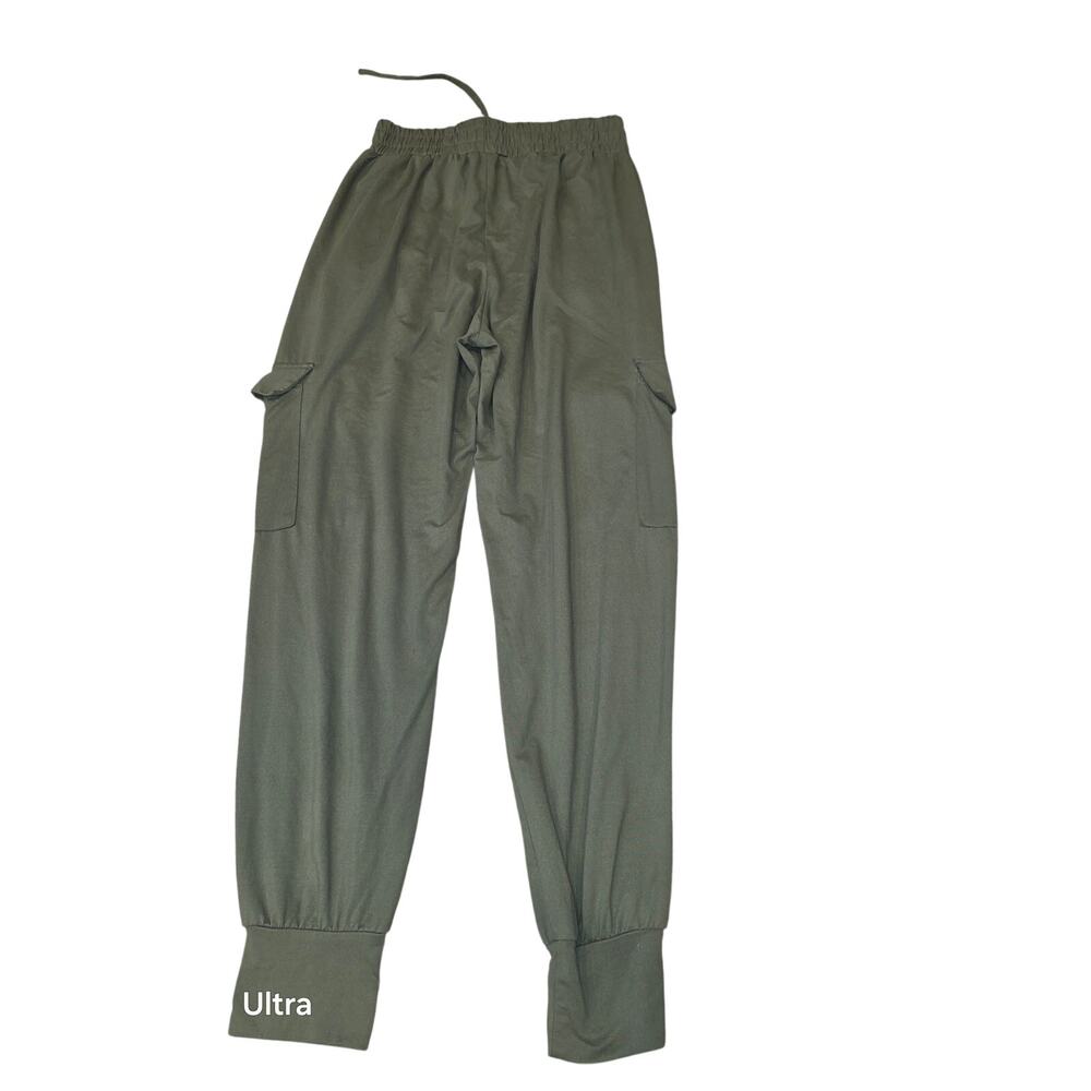 EUC LA + Image super soft, olive green, drawstring cargo joggers pockets, sz SM
